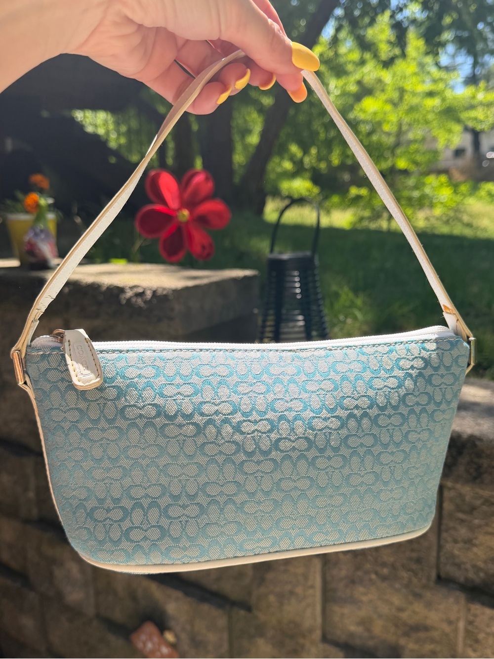 Coach Mini Signature Jacquard Pochette Shoulder Bag Blue White Y2K Vintage 2001